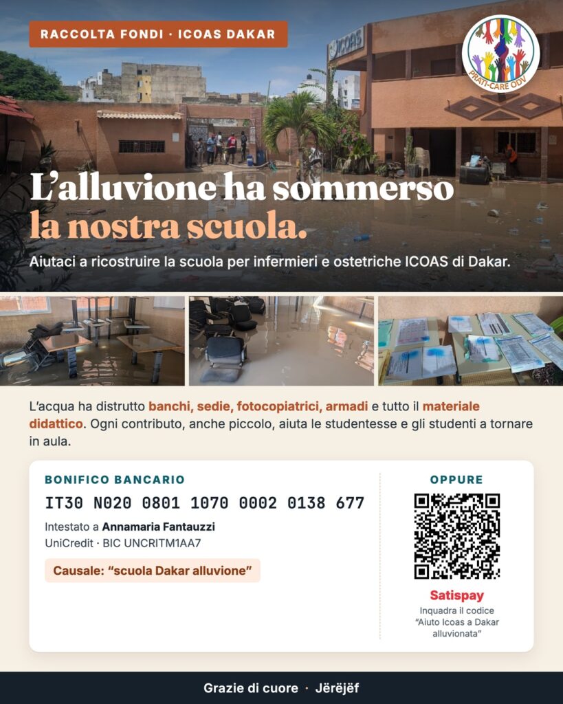 Locandina della raccolta fondi per la scuola ICOAS di Dakar alluvionata, con IBAN e codice Satispay