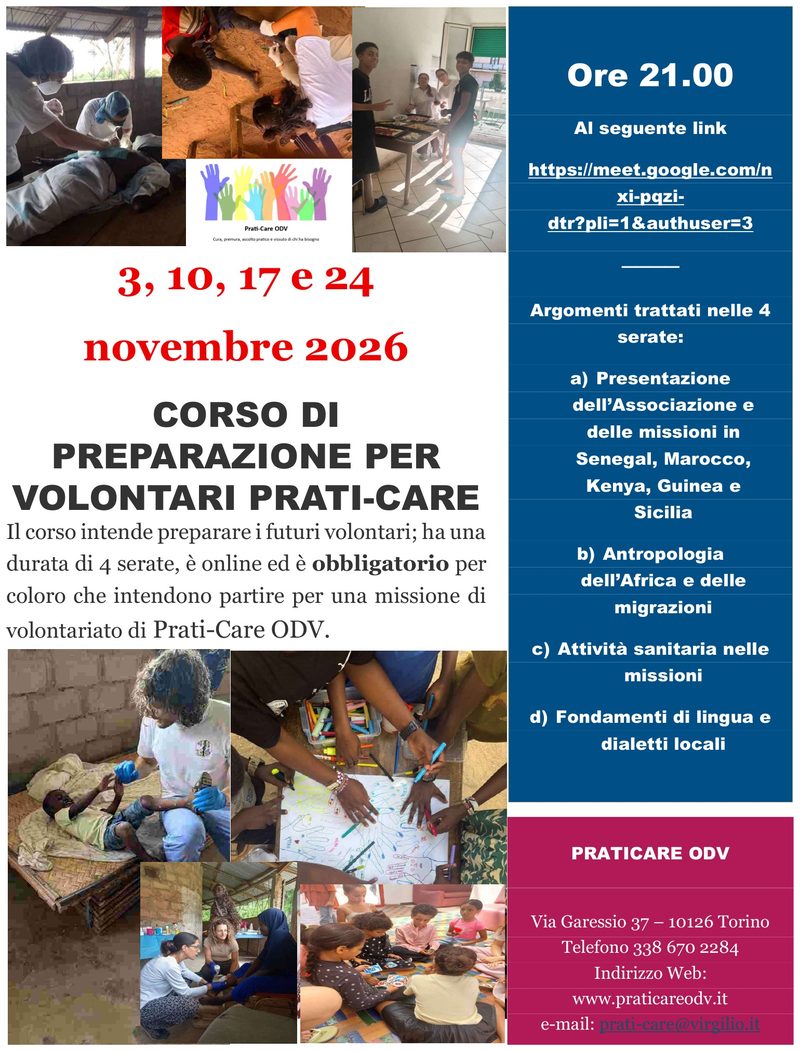Locandina del corso di preparazione per volontari Prati-Care: 3, 10, 17 e 24 novembre 2026, ore 21, online